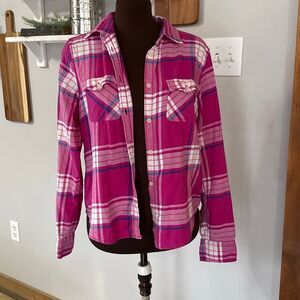 American Eagle plaid flannel shirt women’s size large pink white fair festival w